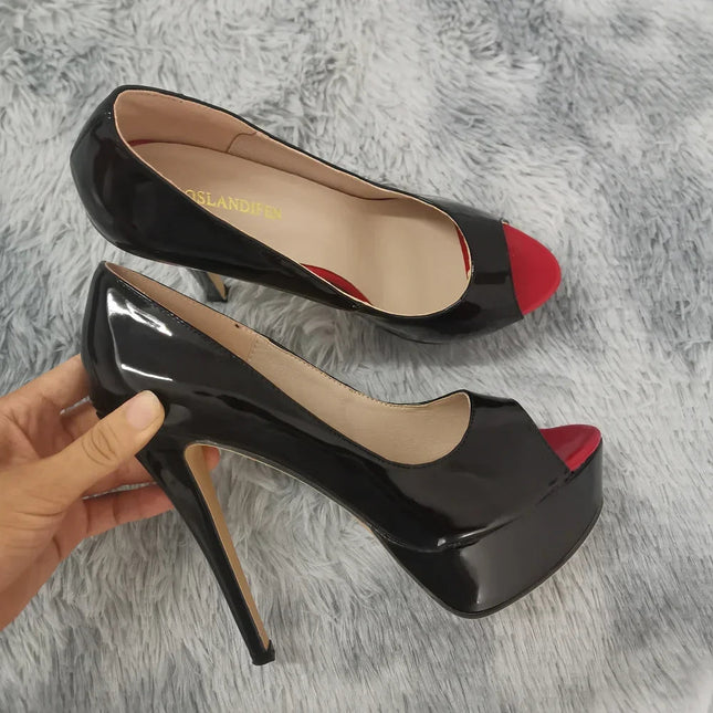 LOSLANDIFEN Women Pumps Sexy Peep Toe Platform 14cm Super High Heels Patent Leather Shoes Red Wedding Stilettos Large Size 44 PlatiNum