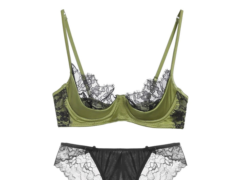 MOYISU No‑Wire French Lace Half‑Cup Bra Set Women Ultra‑Thin Transparent Green Lingerie, Daily Brassiere 32‑38 AB for Small Bust