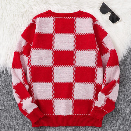 Retro Trendy Plaid Jacquard Pattern Pullover Sweater Casual Round Neck Color-Block Knit Men's Pullover
