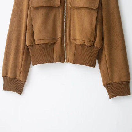 Ladies Short Vintage Faux Suede Autumn Winter Jacket Women Coat Stand-Collar Zip-up Field Trendy Streetwear Chic Jacket Female