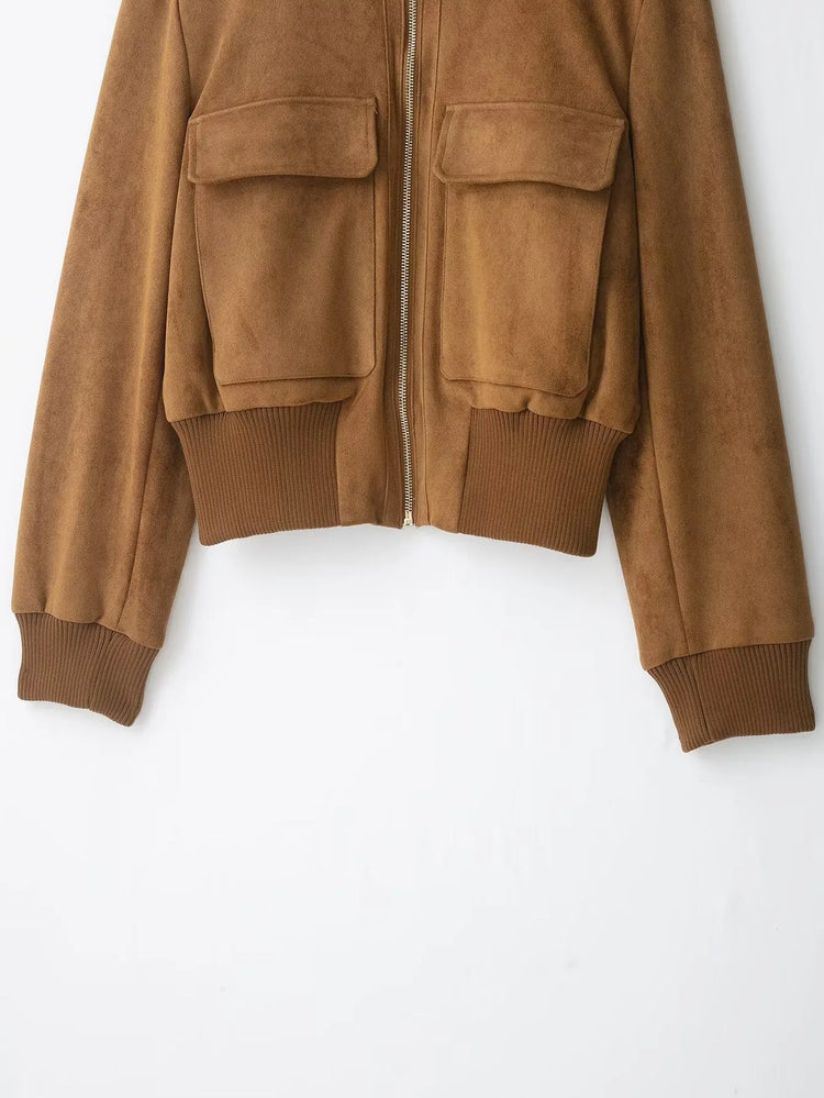 Ladies Short Vintage Faux Suede Autumn Winter Jacket Women Coat Stand-Collar Zip-up Field Trendy Streetwear Chic Jacket Female