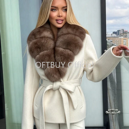 OFTBUY Women 100% Wool Short Coat Real Fox Fur Collar Woolen Jacket New Luxury Winter Natural Fur Clothes Warm Belted Outerwear