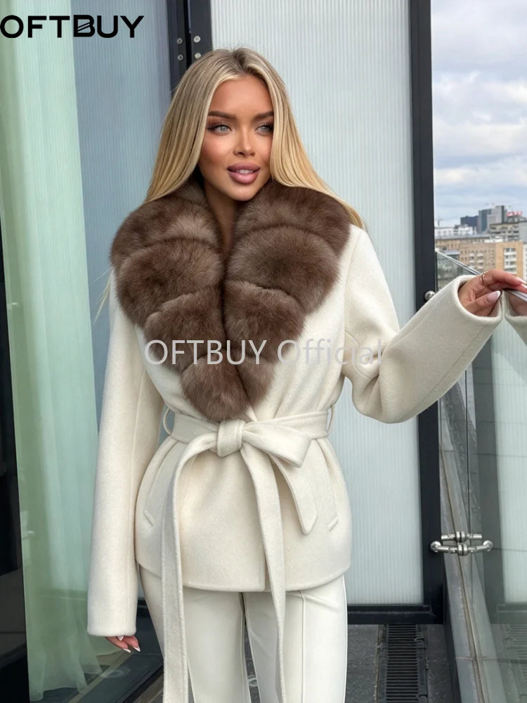 OFTBUY Women 100% Wool Short Coat Real Fox Fur Collar Woolen Jacket New Luxury Winter Natural Fur Clothes Warm Belted Outerwear