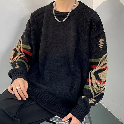 Autumn Men's Ethnic Style O-Neck Knitted Sweaters Y2K Vintage Streetwear Knitwear 2025 New Casual Pattern Printed pull homme