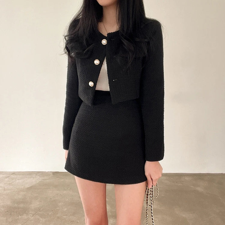 Women Tweed 2 Two Piece Sets Long Sleeve Pearl Buttons Short Jacket and A-line Mini Skirt Set Fall Winter Women Outfits