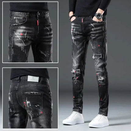 High Street  2022 Fashion Casual Ripped Jeans Men's Patch Teenagers Cowboy Paint Splash Ink Black Pencil Pants Skinny Jeans Men PlatiNum