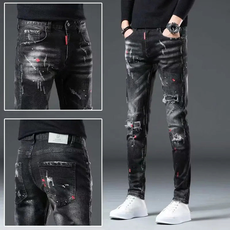 High Street  2022 Fashion Casual Ripped Jeans Men's Patch Teenagers Cowboy Paint Splash Ink Black Pencil Pants Skinny Jeans Men PlatiNum