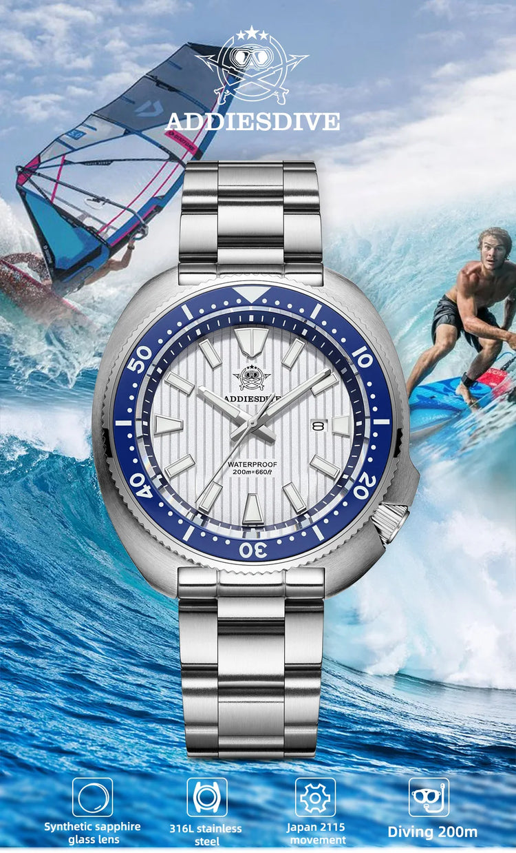 ADDIESDIVE Men's Diving Watch 200 Waterproof Sapphire Glass Quartz Watch BGW9 Luminous Stainless Steel Business Fashion Watch