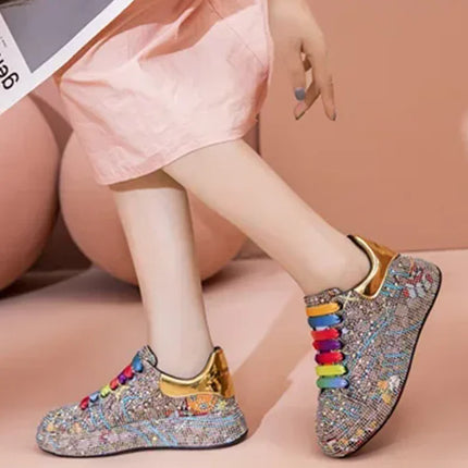 SyfIyno Spring Black Women Shoes New Style Fashion Platform Shoes Platforms Sneakers Shine Bling Graffiti Rhinestone Shoes