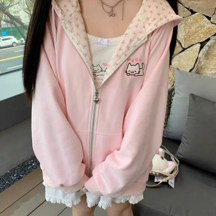 Y2k Hoodies Green Kawaii Cat Floral Print Hooded Zip-up Woman Sweatshirts Pink Thin Jacket Spring Fall Clothes Cute Streetwear