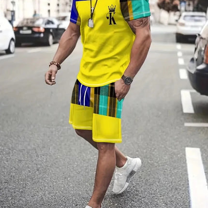 New Men's Two-Piece Suit Fashion Scottish Print Summer O-neck Short Sleeve Polo + Shorts Men's Two-Piece Set