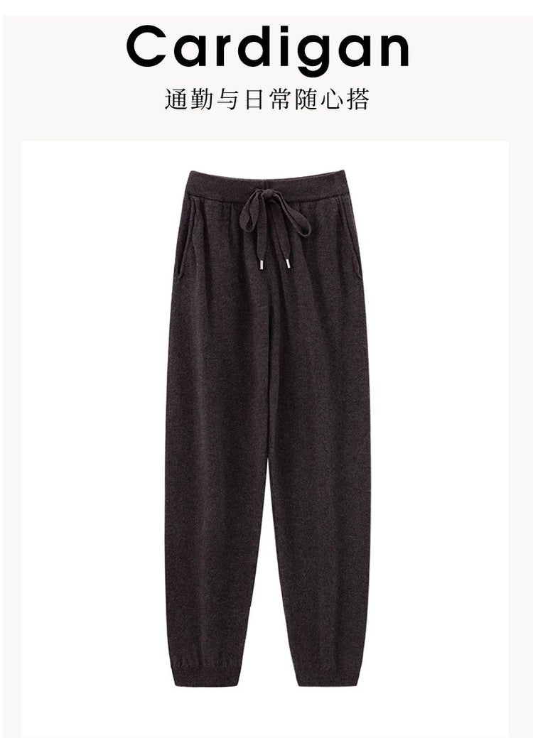2024 Autumn And Winter New 100% Pure Wool Flat Small Foot Pants Women Loose High Waist Lean Knitted Cashmere Bunched Foot Pants PlatiNum