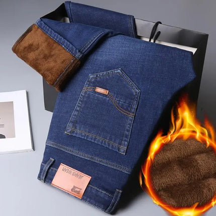 2025 New business casual Trousers Grey Fleece Men Clothes Black Elasticity Warm Winter Jeans Velvet Jeans