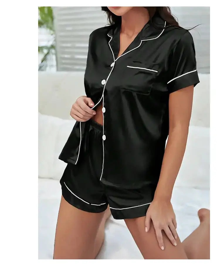 Pigiama da donna in raso di seta estivo Set Top e pantaloncini abbottonati 2 pezzi indumenti da notte colletto dentellato indumenti da notte Loungewear per le donne platinumshop