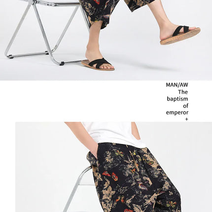 Pantaloncini Estivi Harajuku Larghi con Stampa, Traspiranti, Casual, Lunghezza al Polpaccio, Nuovi Pantaloni da Uomo in Cotone e Lino Oversize Stile Lanterna