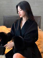 Solid Lace Up Faux Fur Sleeve Jacket Woman Elegant Mid-length V-neck Woolen Blend Coat Autumn Casual Fashion Scarf Outwear 2025