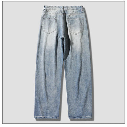 New vintage casual loose fit men's jeans with high street style straight leg denim pants for teenagers, torn knees and damaged PlatiNum