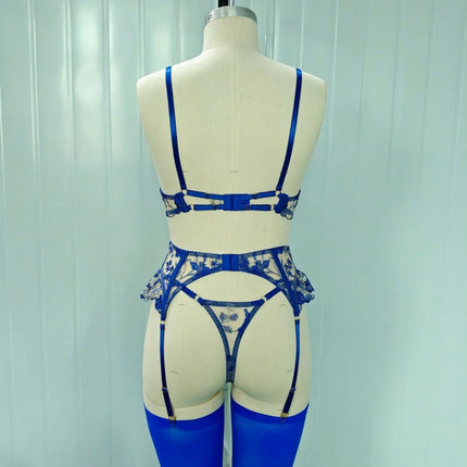 Sexy Lingeries Floral Embroidery Bow Lace Bra Garter Panty Set See Through Sheer Erotic Costumes Woman Underwear 4-piece Sets