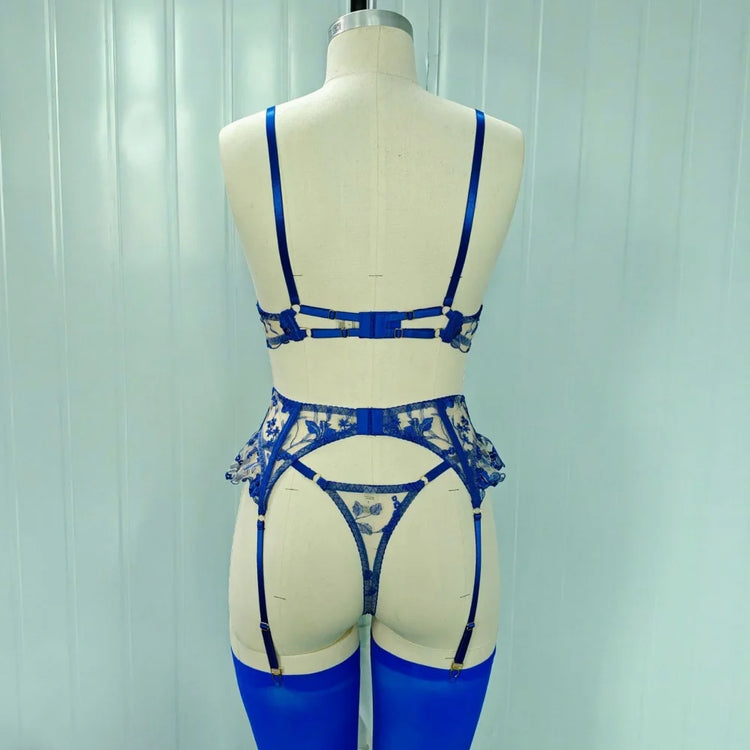 Sexy Lingeries Floral Embroidery Bow Lace Bra Garter Panty Set See Through Sheer Erotic Costumes Woman Underwear 4-piece Sets