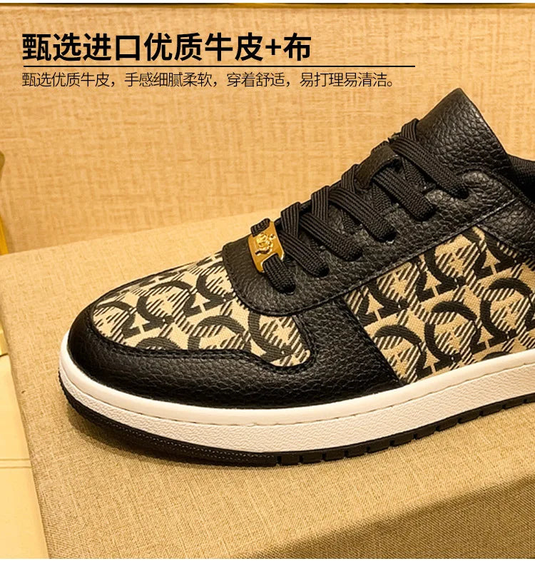 European New Shoes for Men Genuine Leather Patchwork Casual Shoes Trend Flat Skateboard Shoes Youth Cool Lace-up Sneakers