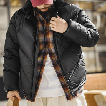 Maden Men's 90% White Duck Down Jacket Black Stand Collar Short Quilted Puffer Jacket Thermal Coat for Winter Streetwear
