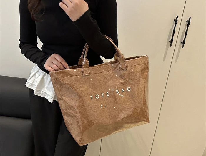 Tote Bag, Retro Letter, Casual Versatile Handbag, Minimalist Transparent, Simple, Commuter, Large-capacity Bag for Women PlatiNum