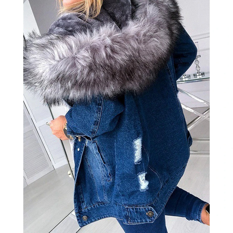 Autumn Women Vintage Hooded Denim Jackets Wth a Large Fluffy Collar Frayed Design Buttoned Overcoat