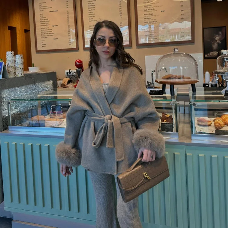 Solid Lace Up Faux Fur Sleeve Jacket Woman Elegant Mid-length V-neck Woolen Blend Coat Autumn Casual Fashion Scarf Outwear 2025