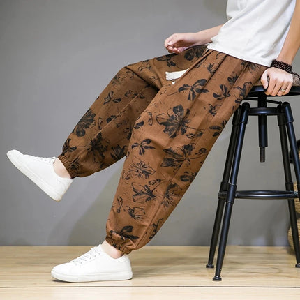 Pantaloni Primavera-Estate da Uomo in Stile Cinese, Sottili e Traspiranti in Cotone e Lino, con Vita Elastica, Pantaloni Harem Stampati Casual e Comodi