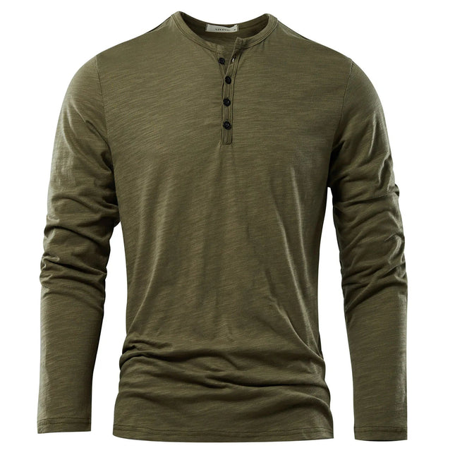 Henery Neck  Long Sleeve T shirt For Men Solid Spring Casual Mens T-shirts High Quality Male Tops Classic Clothes Men's T-shirts PlatiNum