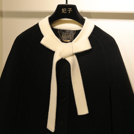 French Elegant Socialite Cape Jacket Plush Pocket Round Neck Bow Single-breasted Loose Versatile Woolen Cloak Coats Women Winter