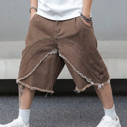 Pantaloncini estivi in denim marrone da uomo, caratterizzati dallo stile street retrò alla moda, alla moda, vestibilità ampia, adatti per l'abbigliamento casual quotidiano.