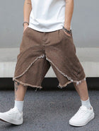 Pantaloncini estivi in denim marrone da uomo, caratterizzati dallo stile street retrò alla moda, alla moda, vestibilità ampia, adatti per l'abbigliamento casual quotidiano.