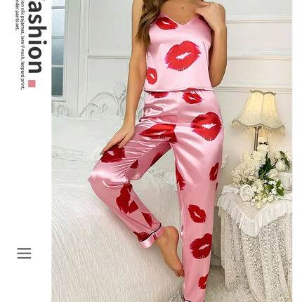Pigiama da donna in raso con stampa labbra Top Cami con scollo a v e pantaloni elastici per le donne pigiama comodo sonno e abbigliamento da casa