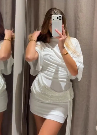 HH 2026 Abito Corto Elegante da Donna Bianco con Maniche Corte, Schiena Scoperta e Decorazioni in Paillettes, Mini Abito Sexy alla Moda per Feste platinumshop