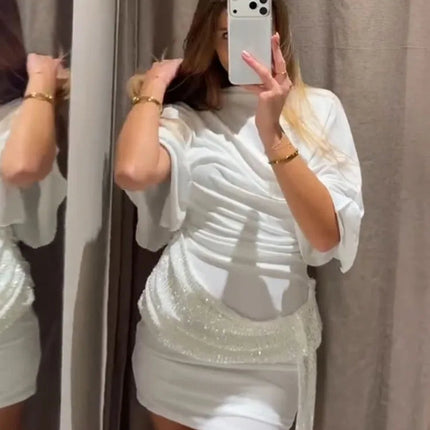 HH 2026 Abito Corto Elegante da Donna Bianco con Maniche Corte, Schiena Scoperta e Decorazioni in Paillettes, Mini Abito Sexy alla Moda per Feste platinumshop