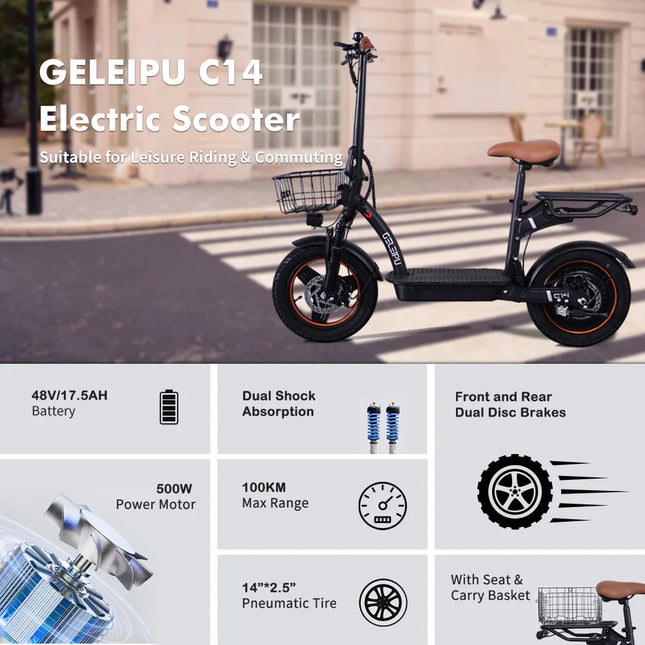 Monopattino Elettrico per Adulti con Sedile, 500W 48V 17.5Ah Batteria Rimovibile, Ruote 14*2.5 Pollici, Originale di Fabbrica, Pieghevole a Due Ruote