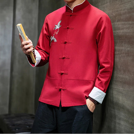 Camicie con ricamo gru Abbigliamento tradizionale cinese vintage Mezza manica da uomo in lino Solido colletto Madarin Cardigan Hanfu Kungfu