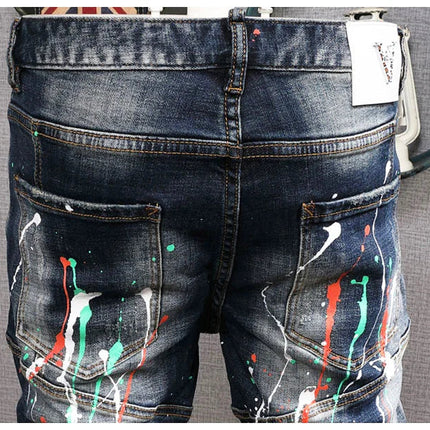 Fashion Streetwear Men Jeans Retro Black Blue Elastic Slim Fit Ripped Jeans Men Spliced Designer Embroidery Hip Hop Denim Pants PlatiNum