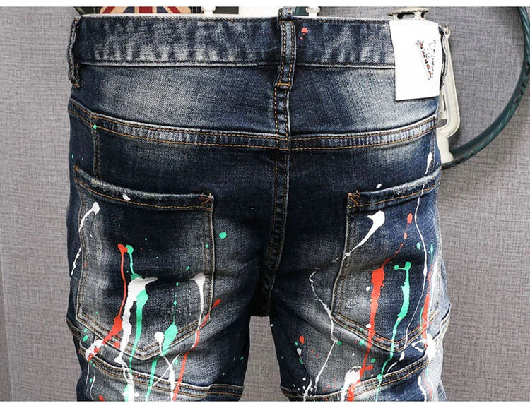 Fashion Streetwear Men Jeans Retro Black Blue Elastic Slim Fit Ripped Jeans Men Spliced Designer Embroidery Hip Hop Denim Pants PlatiNum