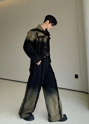 2025 New Men Denim Jacket and Jeans Set Two Piece Gradient Color Frayed Design Loose Fit High End Street Fashion Youth Trendy PlatiNum