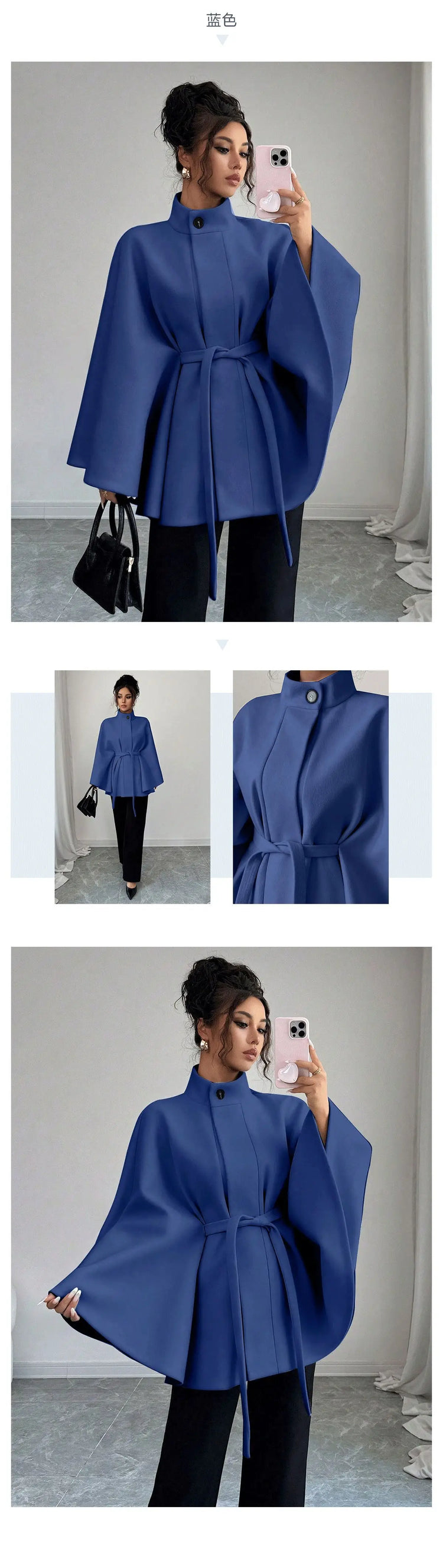 Wool Coat Women Autumn Winter Woolen Jacket Batwing Sleeve Button Lace Up Blends Turtleneck Overcoat Office Lady Outerwear