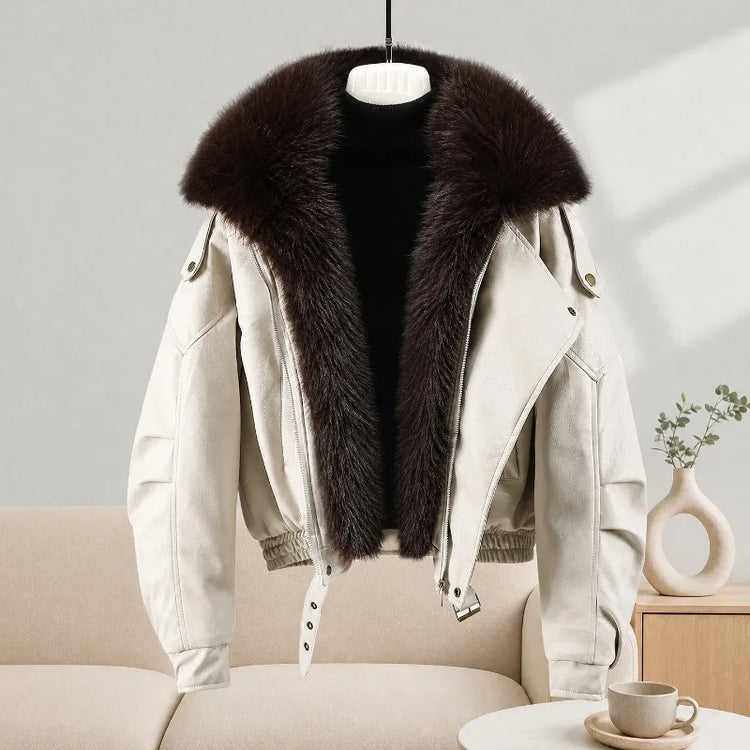 New Parkas Women Leather Jacket Big Fur Collar Tooling Cotton Jacket 2026 Winter Thicke Warm Cotton Padded Coat Female Outerwear