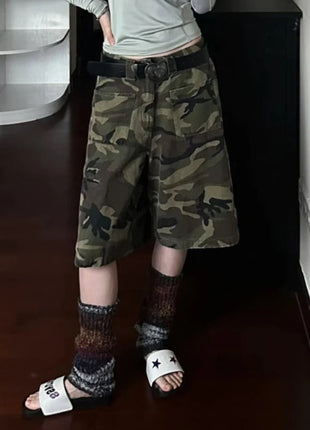 PBAP Camouflage Denim Bermuda Pants High Waist Pocket Patched Straight Cargo Jean Shorts Jorts Harajuku Vintage Women Streetwear PlatiNum