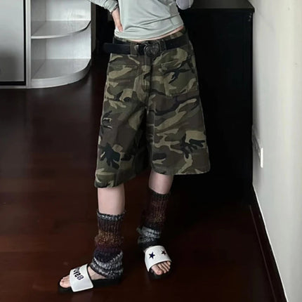 PBAP Camouflage Denim Bermuda Pants High Waist Pocket Patched Straight Cargo Jean Shorts Jorts Harajuku Vintage Women Streetwear PlatiNum