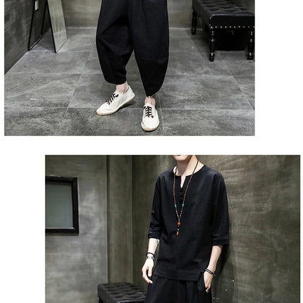 Stile giapponese due pezzi t-shirt pantaloni uomo uomo abiti Kimono maniche corte giappone Harajuku Yukata Cardigan Costume top pantaloni