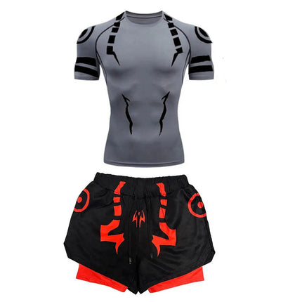 Anime Jujutsu Kaisen Set di compressione Tuta da fitness per uomo Camicia di compressione 3D ad asciugatura rapida + Pantaloncini da palestra Corsa Allenamento Abbigliamento sportivo platinumshop