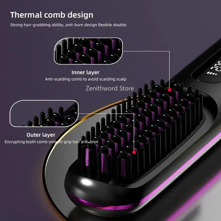 Electric Lcd USB Ceramic Heated Straight Hair Comb, Wireless Portable Negative Ion Styling Tool, Rechargeable Straightening Brush