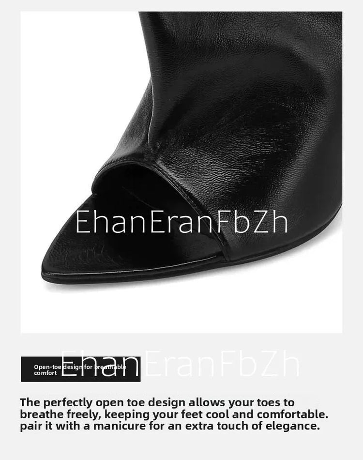 2025Ladies' Spring and Summer New Fish Mouth Slope High Heel Knee Boots, Fashionable Pointed Fashion Show Medium Cool Boots PlatiNum