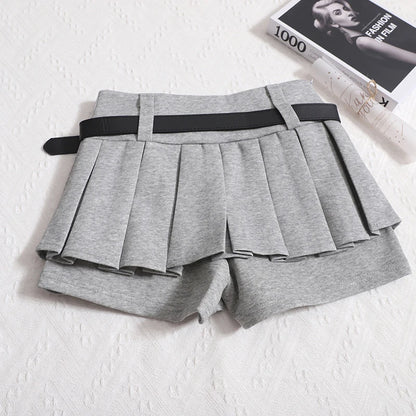 Womens Shorts Autumn Winter Belt High Waist Fluffy Pleated A-line Short Pants Korean Fashion Sexy Y2k All Match Clothes